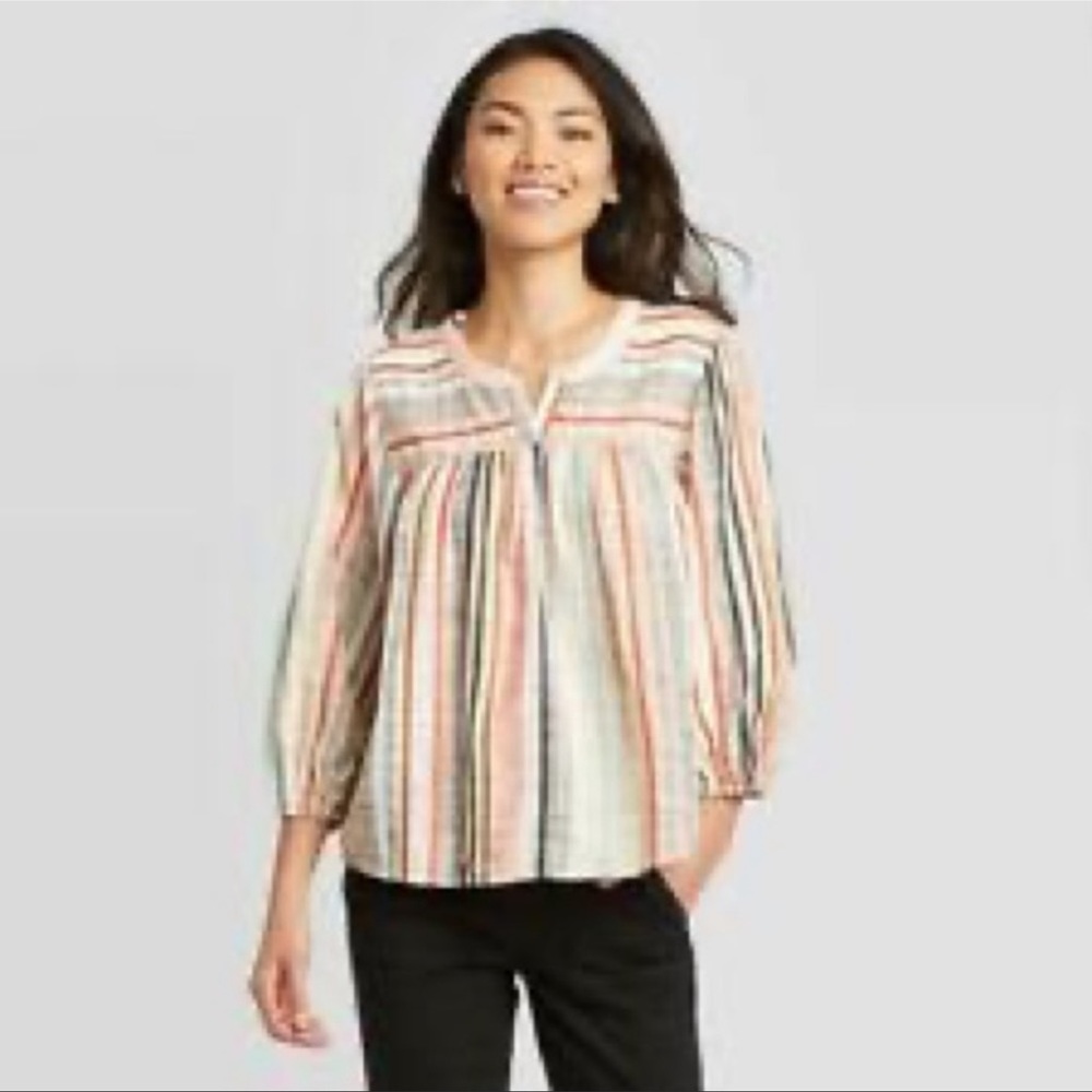 NWT Knox Rose medium multicolor linen striped blouse
